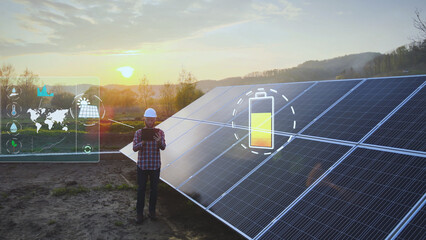Engineer working on a tablet, inspecting solar cell data levels - 3d graphic