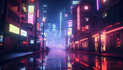 A deserted street in a cyberpunk city with skyscrapers and neon lights reflecting off the wet pavement