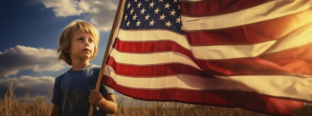 Young Patriot: Child Holding the American Flag in the Field. Generative ai