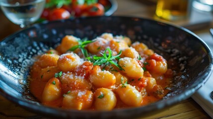  a close up of a bowl of food on a table with a fork and a glass of wine in the background.