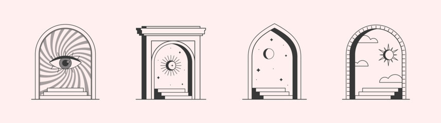 Vector mystic logo design templates with portals,steps,sun,crescent moon,stars and eye.Surreal abstract illustrations in trendy minimal outline style.Celestial emblems.Branding design templates.