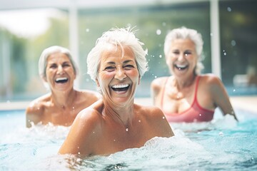 Obraz na płótnie Canvas Three elderly women having fun in a swimming pool,