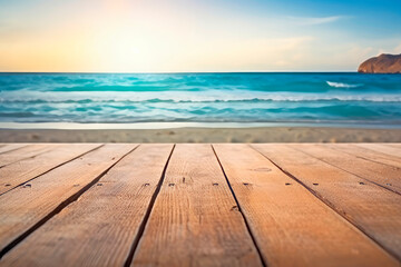 Wood table top on blur sea background. Summer, nature concepts. For montage product display or design key visual layout.