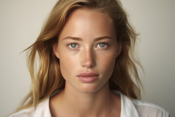 Portrait of a beautiful blonde woman with freckles on her face