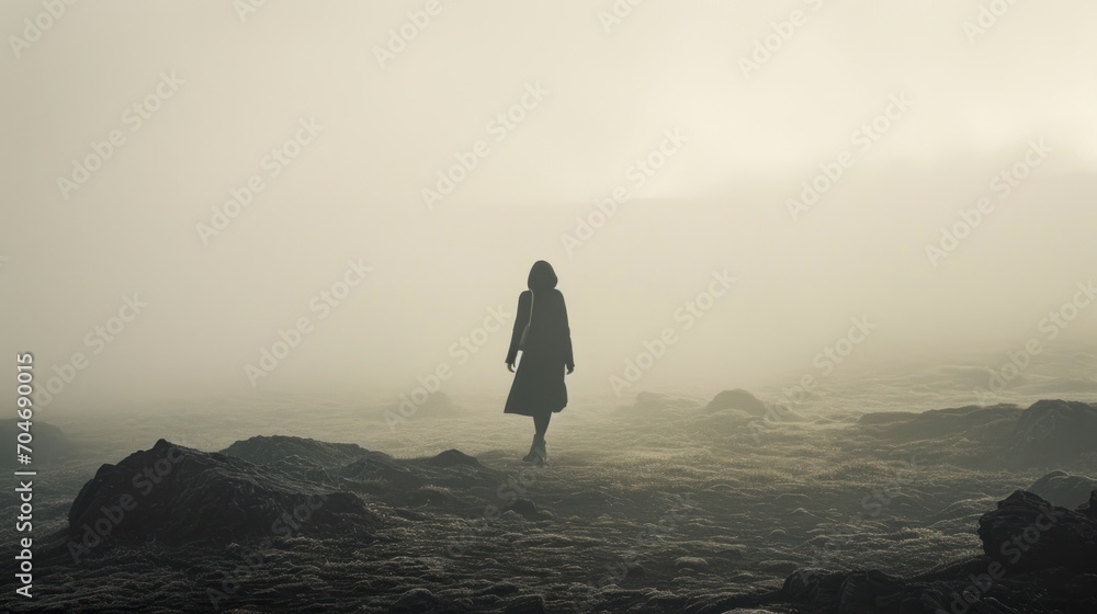 Wall mural a person standing in the middle of a field on a foggy day with their back turned to the camera. - Wall murals