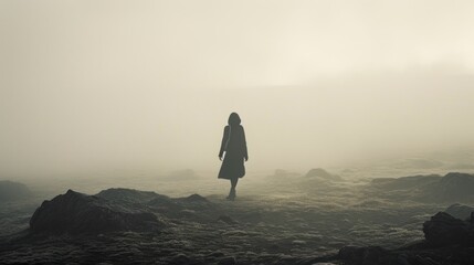  a person standing in the middle of a field on a foggy day with their back turned to the camera. - obrazy, fototapety, plakaty