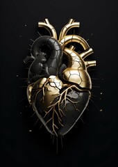 Golden Cracked Heart on Dark Background. Generative ai