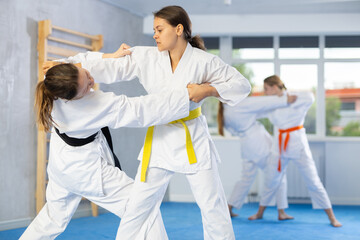 Pairs classes in judo or jiu-jitsu - two teenage girls practice grabbing and throwing on sports mats