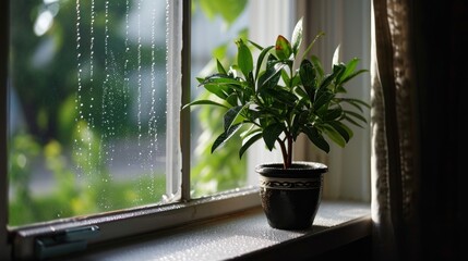  a potted plant sitting on a window sill in front of a window with raindrops on it.