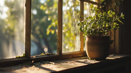  a potted plant sitting on a window sill next to a window sill with sunlight streaming through it.