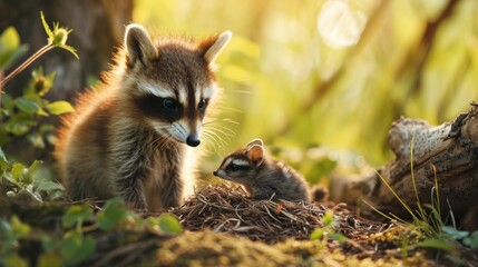 Fototapeta premium a baby raccoon standing next to an adult raccoon in a forest filled with grass and trees.