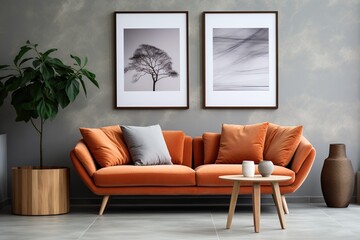 A modern living room with an orange couch and two paintings on the wall