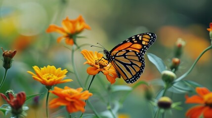 Fototapeta premium a close up of a butterfly on a flower with many other flowers in the background and a blurry background.