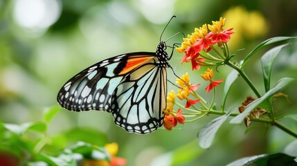 a close up of a butterfly on a plant with flowers in the foreground and a blurry background of leaves and flowers in the foreground.
