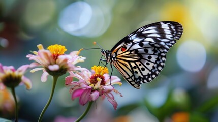Obraz premium a butterfly sitting on top of a flower next to a bunch of pink and yellow flowers in front of a blurry background.