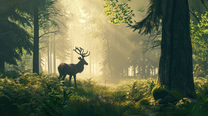  a deer standing in the middle of a forest on a foggy day with the sun shining through the trees.