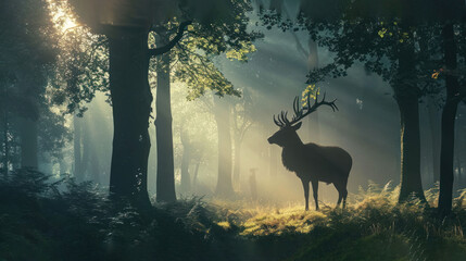  a deer standing in the middle of a forest on a foggy day with the sun shining through the trees. - obrazy, fototapety, plakaty