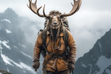 Naklejka premium portrait of an elk dressed as a climber who conquers mount