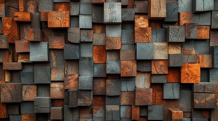 : An abstract art piece featuring aged wood blocks stacked in a unique pattern against a wall, creating a rustic architectural texture. 8k