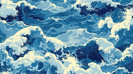 Fototapeta na wymiar a blue and white wallpaper with a lot of waves in the ocean and stars on the top of the waves.