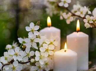 Obraz na płótnie Canvas Wedding decoration, outdoor ceremony, white candles and flowers