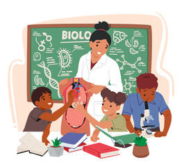 Passionate Biology Teacher Engages Curious Kids In Classroom, Fostering A Love For Science, Vector Illustration