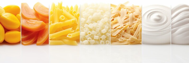 Collage of food products divided with white vertical lines   bright white light, minimum 7 segments