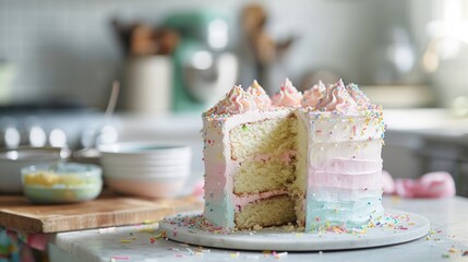  a white cake with pink and blue frosting and sprinkles with a slice taken out of it.