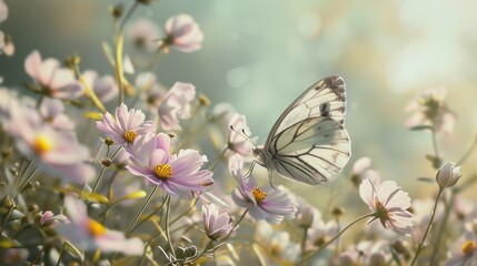Obraz premium a white butterfly sitting on top of a pink flower next to a bunch of pink flowers on a sunny day.