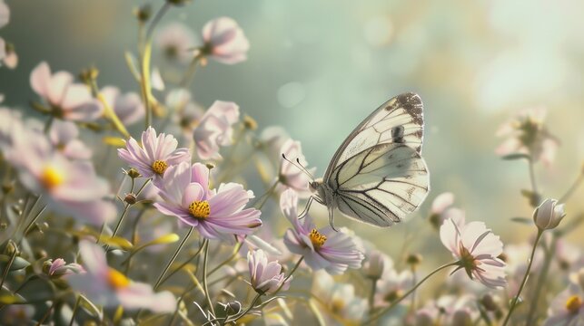  a white butterfly sitting on top of a pink flower next to a bunch of pink flowers on a sunny day.