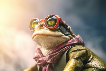 a frog dressed as a climber who conquers mount - obrazy, fototapety, plakaty