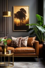 brown leather sofa in a living room with a tree photo on the wall