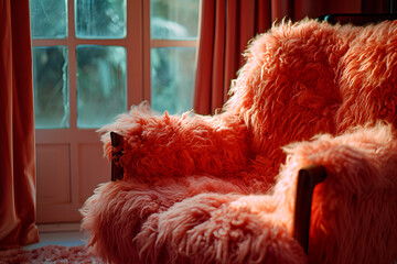 Soft and plush chair in the trending Peach Fuzz color of the year 2024.
