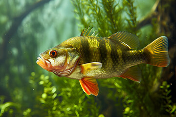 A fishing trophy showcasing a sizable freshwater perch submerged in water against a vibrant green backdrop.