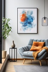 Blue and orange abstract painting in a modern living room