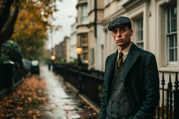 a very atmospheric portrait of a typical British young man in a classic suit and cap. London in...