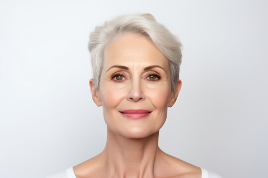 Portrait of a beautiful middle-aged woman with short gray hair and green eyes