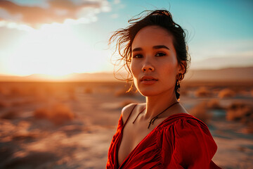 A tranquil image capturing a woman in red, set against the gentle hues of a desert landscape.