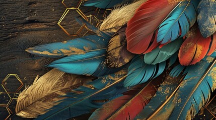 An intricate design featuring multicolored feathers, rustic brown wood, and chamfered hexagons in scratched gold metal, - obrazy, fototapety, plakaty
