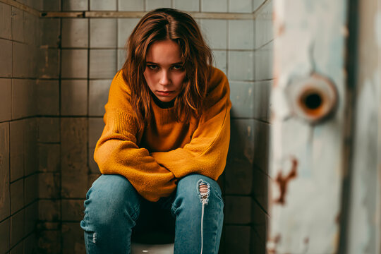 A girl sitting with a somber expression near the toilet, depicting the concept of discomfort or illness, possibly related to nausea or diarrhea.