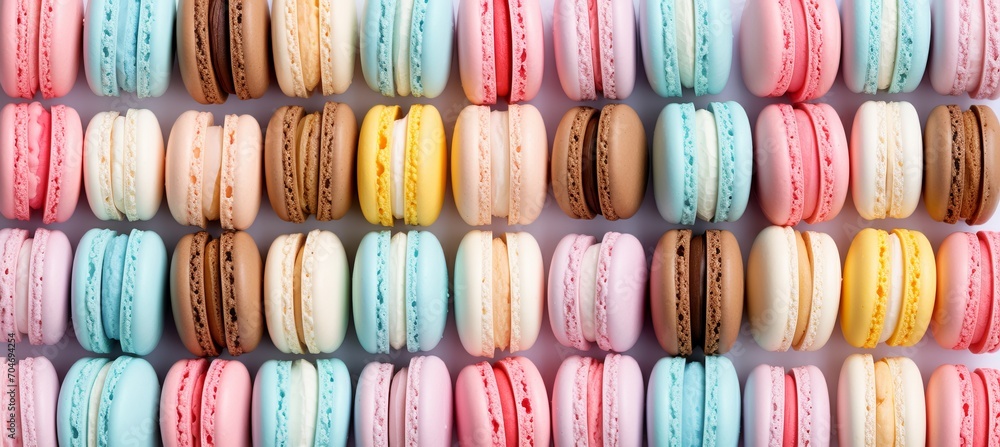 Poster colorful macarons cake with sweet macaroon minimal concepts pattern on food background