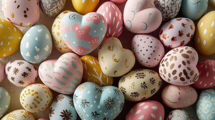  a pile of painted eggs sitting on top of a pile of other eggs in the shape of heart shaped eggs.