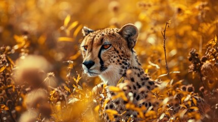  a close up of a cheetah in a field of tall grass with yellow flowers in the foreground.