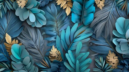 Artistic 3D wallpaper, blue and turquoise feathers, gray leaves, accented with golden elements and oak, nut wood wicker, Illustration, textured and colorful,