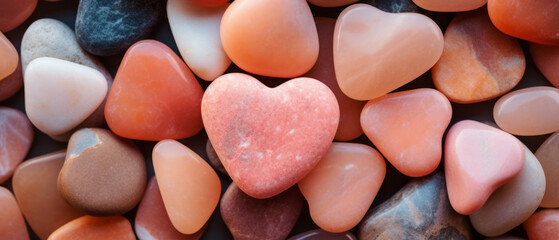 Stone in the shape of a heart, surrounded by pebbles, in peach fuzz color