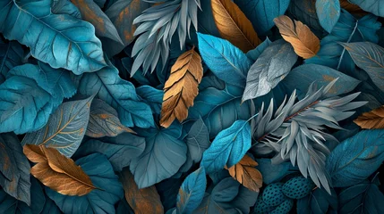 Fotobehang Artistic 3D wallpaper, blue and turquoise leaves, gray feathers, golden accents, and oak, nut wood wicker texture, Illustration, vivid color and texture, © Muhammad