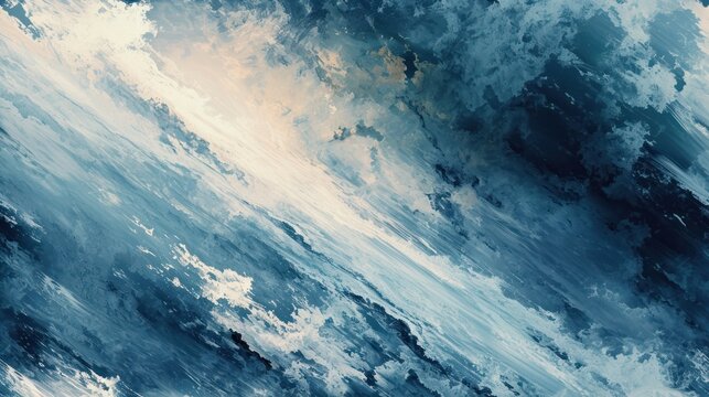 a painting of blue and white clouds with a yellow light coming from the center of the sky in the middle of the picture.