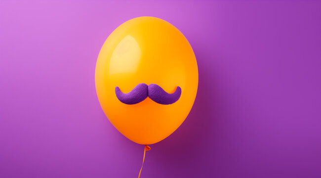 Yellow balloon with a mustache, minimal concept, purple background