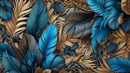 Artistic 3D wallpaper combining blue and turquoise feathers, gray leaves, golden elements, against oak and nut wood wicker background, Illustration, vivid and detailed,