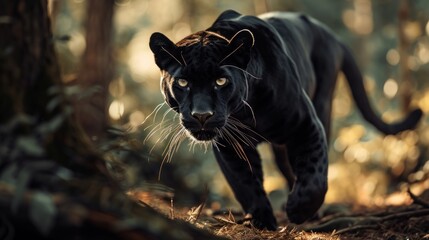  a close up of a black panther walking in a wooded area with trees in the background and sunlight shining on its face.